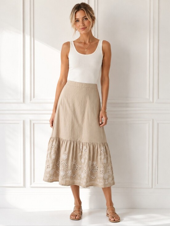 Moon River Dresses & Skirts - Moon River Embroidered Eyelet Cotton Maxi Skirt Tan | Size Medium